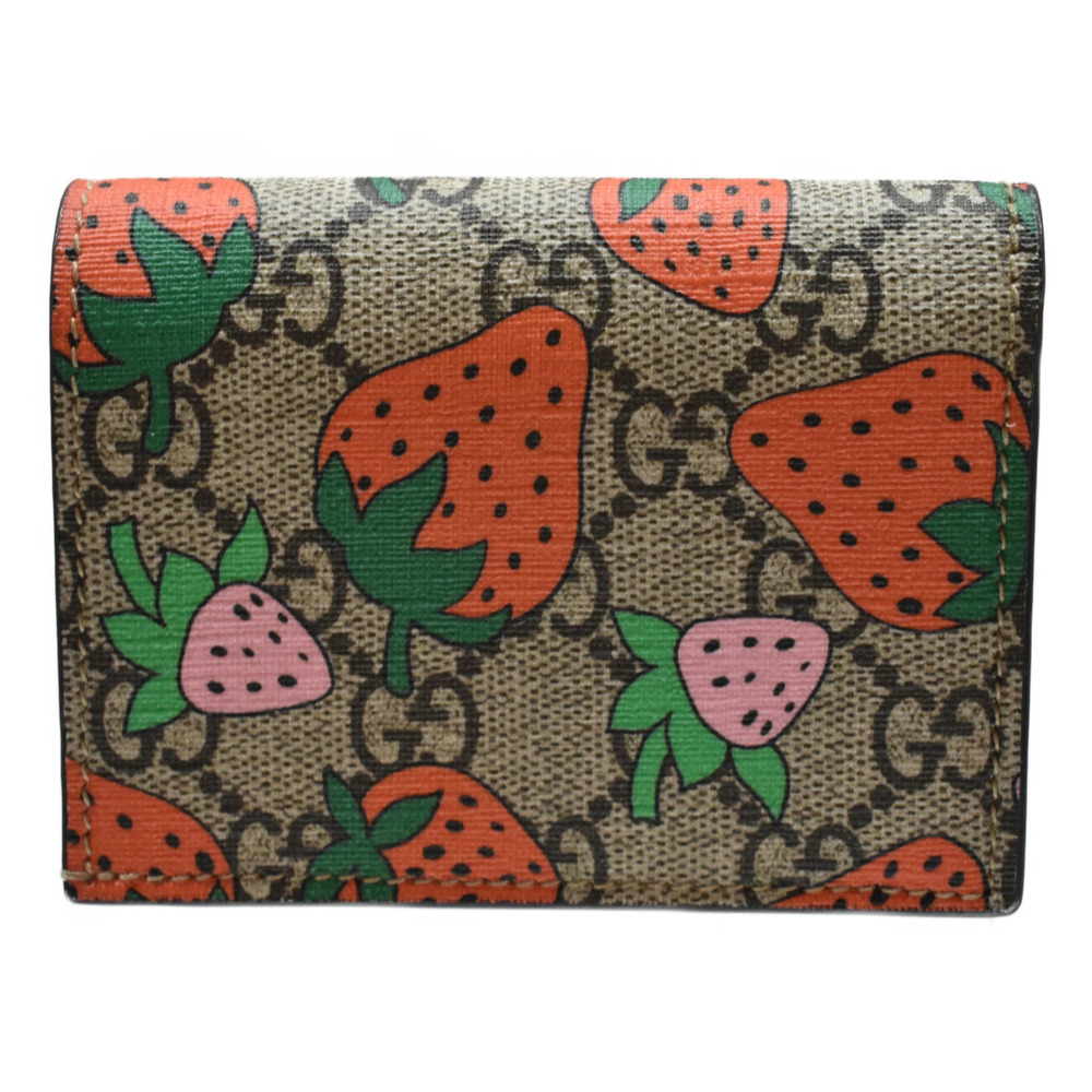 GUCCI GG Supreme Straw Tanberry Bi fold Wallet Beige Red Pink GG Leather - Picture 2 of 10
